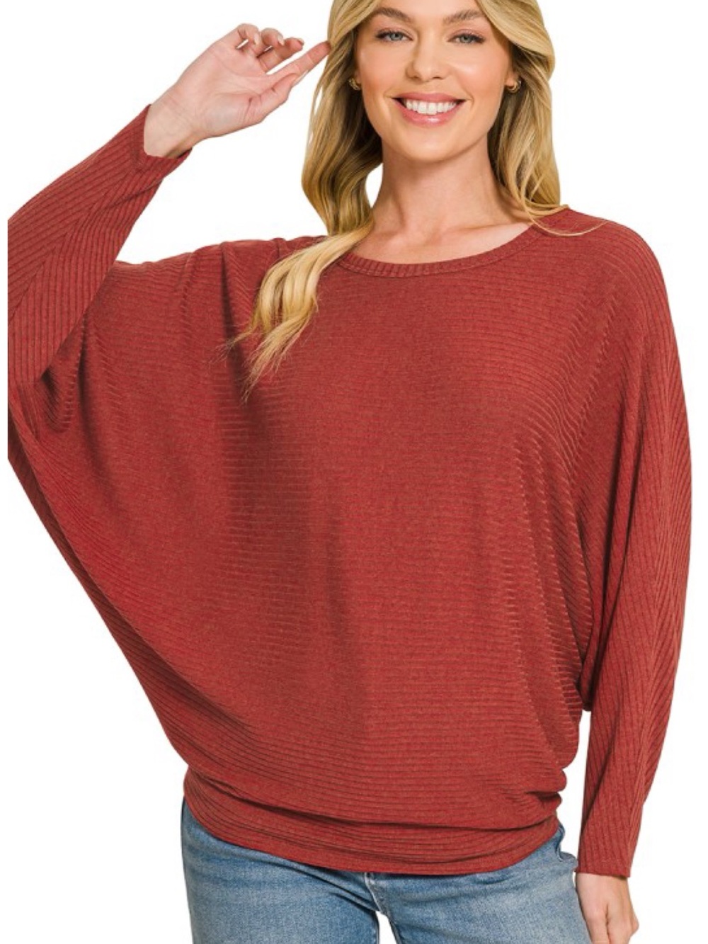 Women's Dolman Sleeve Ribbed Top - Rust